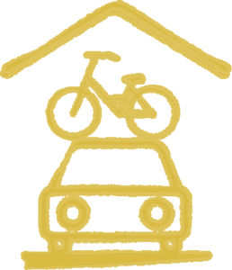 doodle d'une voiture avec une bicyclette et un triangle comme toit pour icône stationnement intérieur